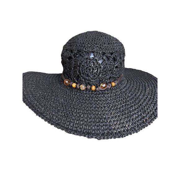 Scala Collection Womens Sun Hat Black Hand Crafted Woven Bead Bow Back One Size - Picture 4 of 8